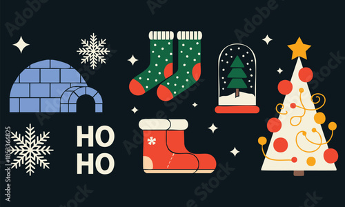 Christmas tree igloo snow branch and warm household items in retro groovy style winter holiday cartoon elements set cold season xmas items vector illustration