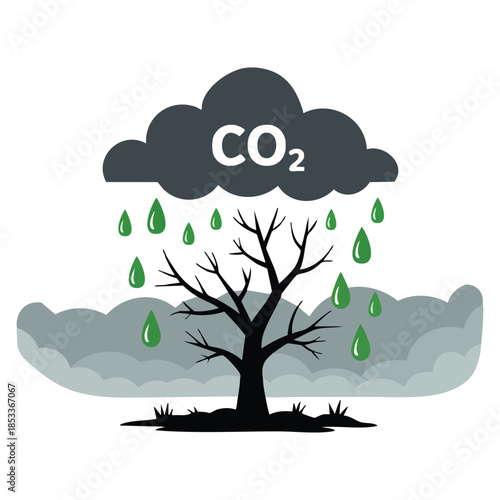 Acid rains with bare tree cloud and CO2 drops of toxic emission vector illustration ideal for environmental pollution nature and climate change themed artwork