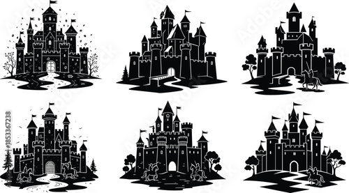 Medieval fairy tale castle vector collection with towers, gates, flags and knights, fantasy fortress silhouettes for storytelling, children’s books, games and magical illustration designs