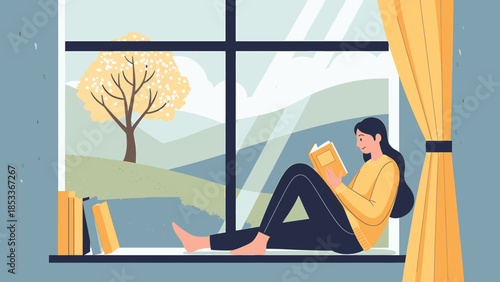 Woman reading a book by the window with autumn landscape view vector illustration
