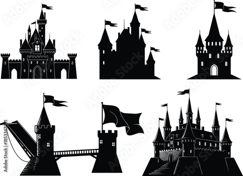 Medieval castle silhouette vector set, fantasy fortress icons, black castle illustrations with flags, architectural elements for game, story, or design