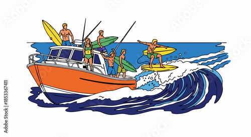 Surfers on a Boat Ready to Ride Ocean Waves.