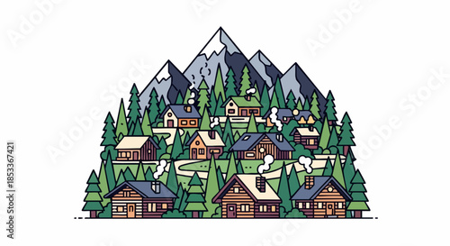 Mountain Village Illustration Depicting Cozy Cabins and Nature.