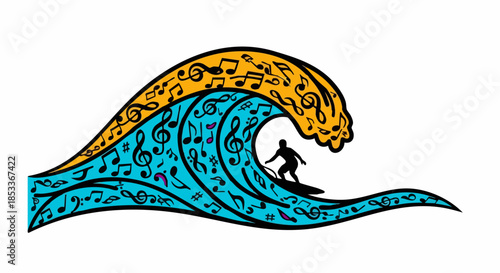Surfer Riding a Wave Composed of Musical Notes.
