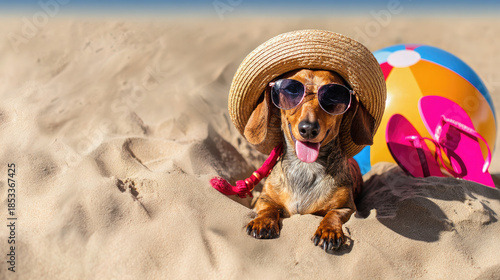 Summer beach banner with dog lying in sand concept. A happy dog enjoying a beach day with stylish sunglasses.