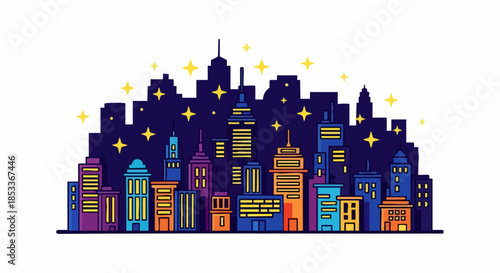 Vibrant Cityscape at Night with Stars and Colorful Buildings.
