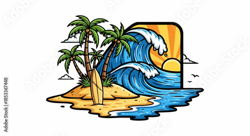 Tropical island scene with palm trees, surfboard, and ocean waves under the sun.