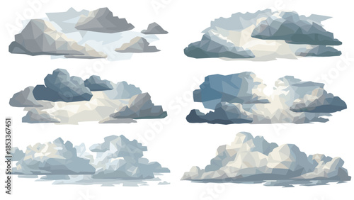 Collection of watercolor clouds in various shapes and shades