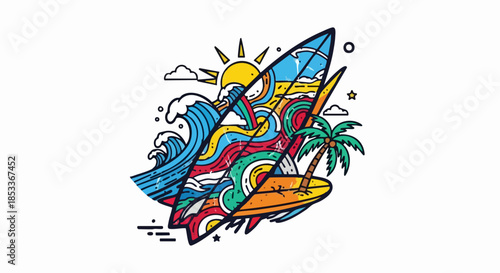 Colorful surfboard with ocean waves and palm tree illustration.