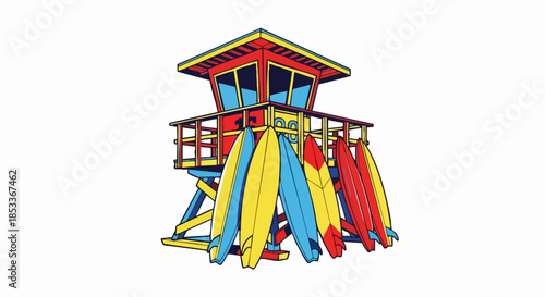 Colorful Lifeguard Tower with Surfboards Beach Scene Summer Vacation.