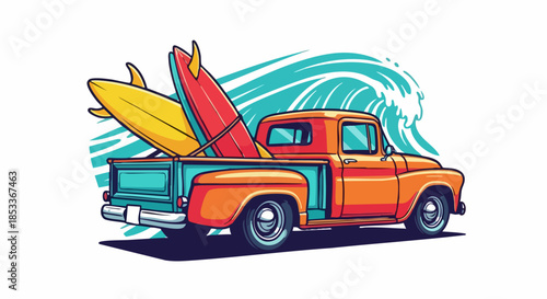 Vintage Orange Pickup Truck with Surfboards Ready for the Beach.