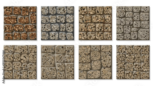 Collection of textured stone tiles in various shades and patterns
