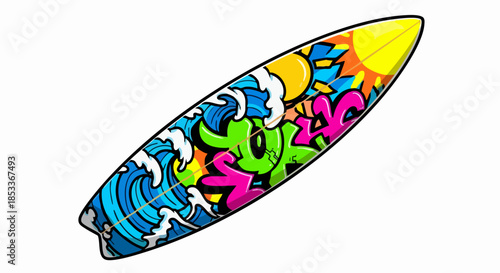 Colorful Graffiti Surfboard Design.