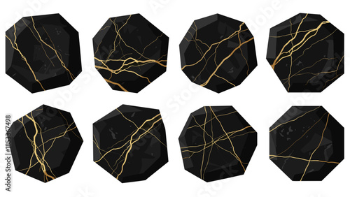 Set of octagonal black marble coasters with gold veins
