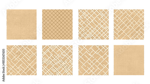 Collection of eight textured burlap fabric squares in various patterns