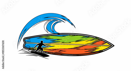 Stylized graphic of a surfer on a vibrant surfboard with a cresting wave.