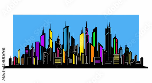Vibrant Cityscape Silhouette with Colorful Skyscrapers.