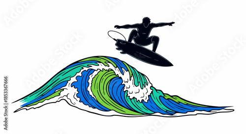 Surfer silhouette executing aerial trick over ocean wave.
