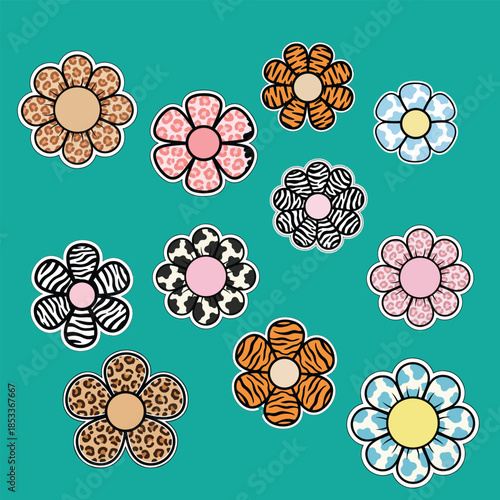 Vibrant animal print flowers on teal background for design
