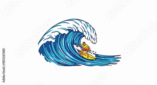 Dynamic illustration of a surfer expertly riding a powerful ocean wave.
