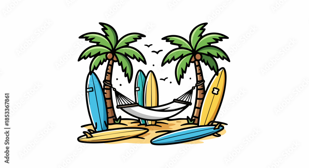 Obraz premium Tropical Beach Paradise with Palm Trees Surfboards and Hammock.