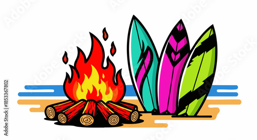 Vibrant beach scene with a campfire and colorful surfboards.