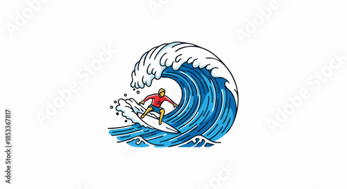 Dynamic cartoon illustration of a surfer riding a big blue wave.