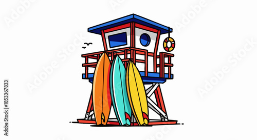 Colorful Lifeguard Tower with Surfboards on a Beach.