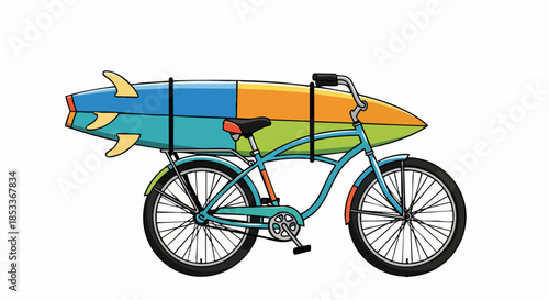 Beach Cruiser Bicycle with a Colorful Surfboard Attached to a Rack.