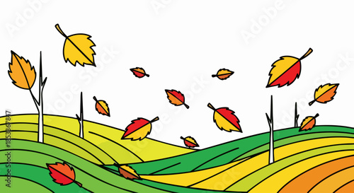 Autumn leaves falling from trees on a windy day in the fields.