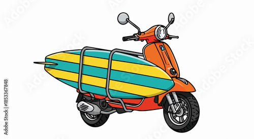 Vintage Scooter with Surfboard Ready for Beach Adventure.