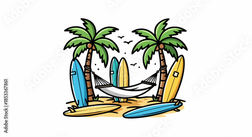 Tropical Beach Paradise with Palm Trees Surfboards and Hammock.