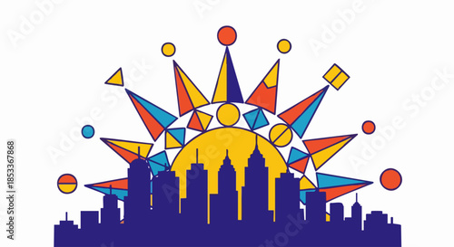 Colorful abstract illustration of a city skyline with sunburst design.