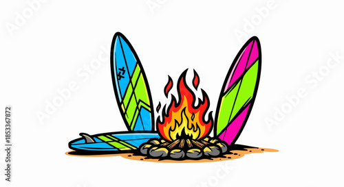 Three surfboards arranged around a campfire on the beach.