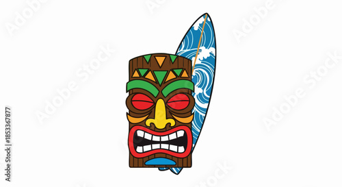Colorful Tiki Mask with Surfboard.
