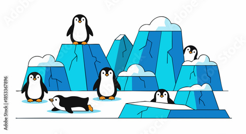 Cute cartoon penguins playing and standing on icy mountains.