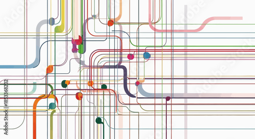 Colorful intersecting lines and dots on white background, abstract graphic illustration with multicolored wires and connections