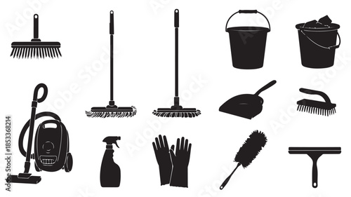 Cleaning Tools and Equipment on White Background