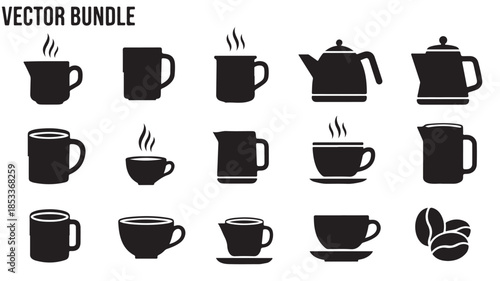 Black Coffee Cup and Teapot Vector Icons