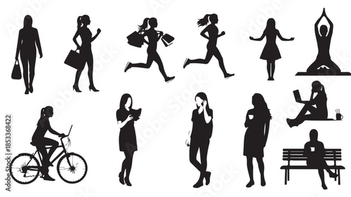 Black Silhouettes of People Doing Various Activities on White Background