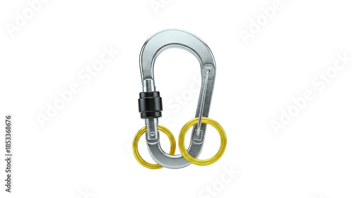 Silver Carabiner with Gold Rings Isolated on White Background