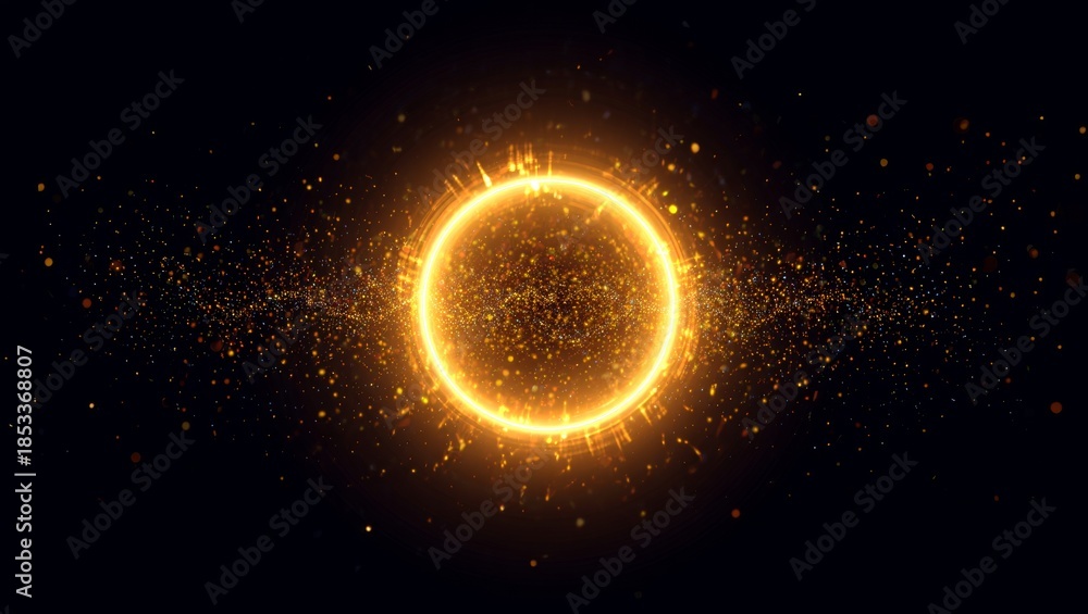Naklejka premium Golden sphere emitting energetic particles, vibrant light radiating from a cosmic energy core, abstract galaxy background