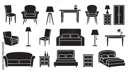 Furniture Icons Set with Chairs, Sofas, Lamps and and Tables on White Background