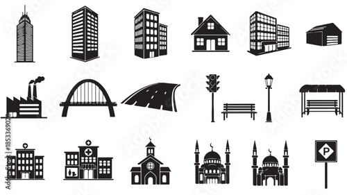 City Buildings Icons Set with Various Architectural Styles and Landmarks