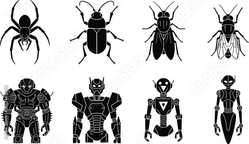 Black silhouette vector icons set of insects and humanoid robots including spider beetle fly and mechanical cyborg droids for design,