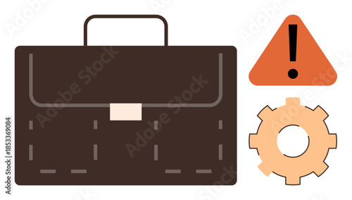 Brown briefcase, orange warning sign, and gear highlight risk, operational efficiency, and decision-making. Ideal for business, strategy, corporate planning, project management risk analysis