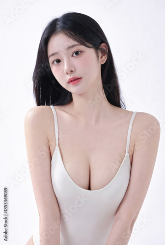 Beautiful Young Asian Woman in Minimalist Swimsuit Posing against Bright White Studio Background for Beauty and Skincare Concept