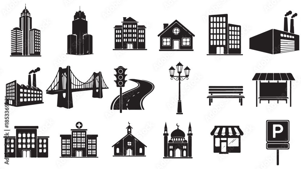 Fototapeta premium City Buildings Icons Set with Road and Transportation Symbols
