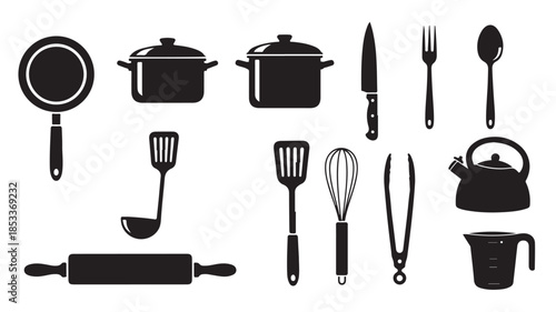 Black Kitchen Utensils and Cookware on White Background