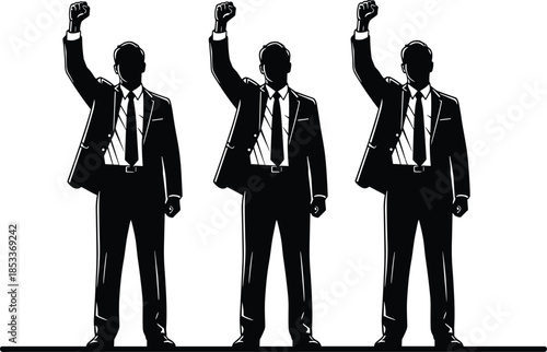 Business protest silhouette, unity gesture, formal suits, raised fists, black and white vector, teamwork, empowerment, solidarity, corporate stance, minimal design